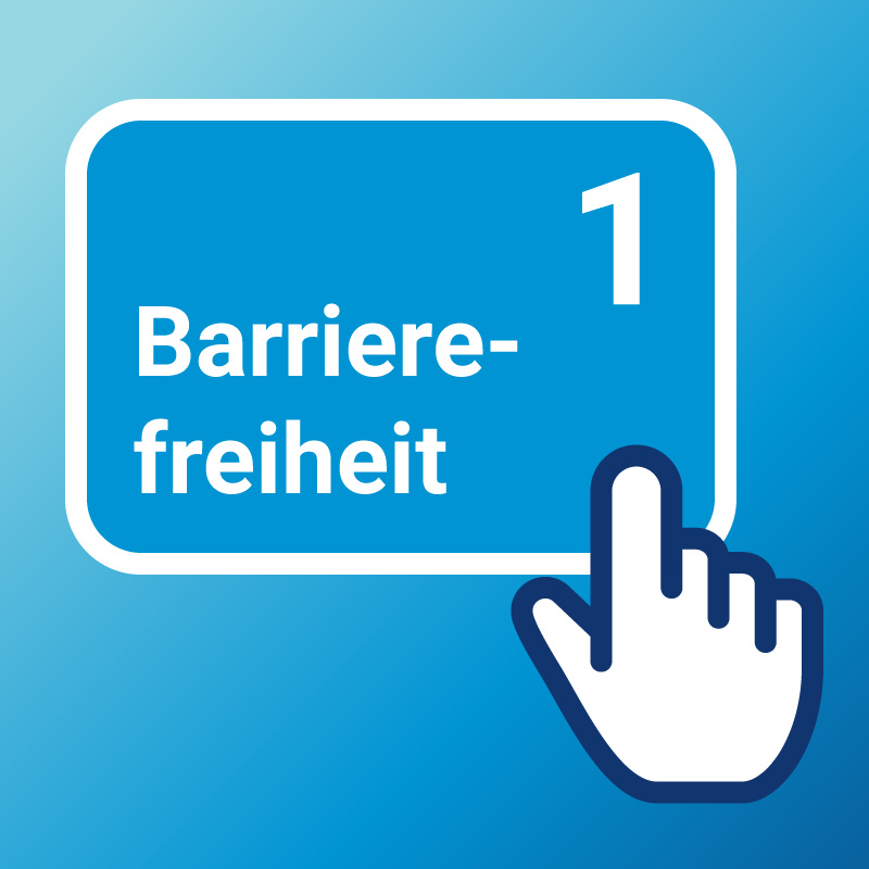 Barrierefreiheit. Titelbild für den Blogbeitrag. Barrierefreiheit 1 auf blauem Hintergrund.